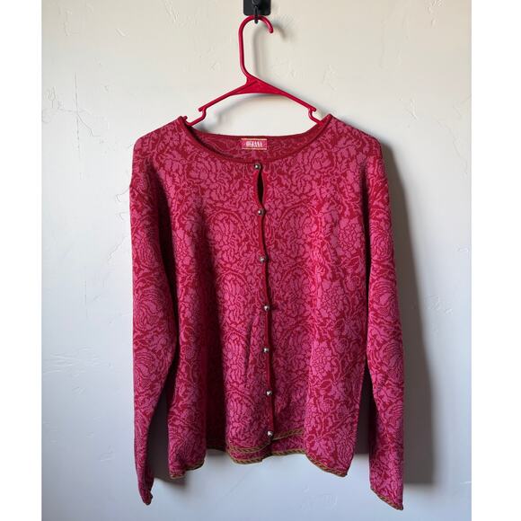 OLEANA Silk Wool Red & Pink Floral Sweater Cardigan Women's Size Large - Picture 3 of 4